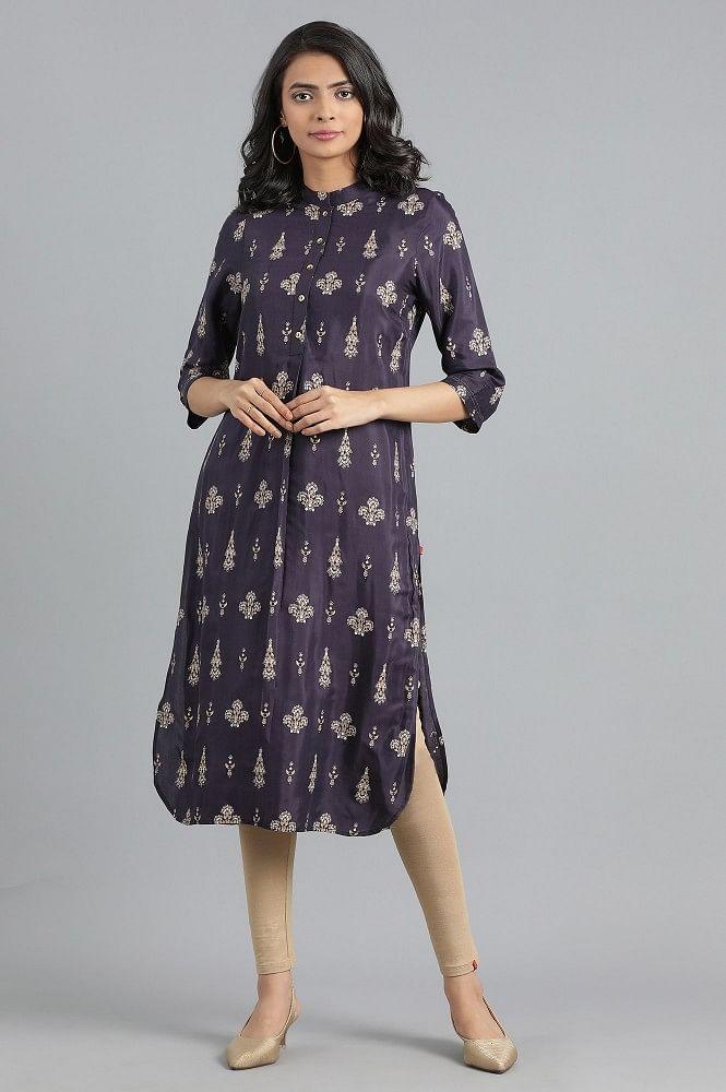 Blue Mandarin Neck Printed kurta - wforwoman