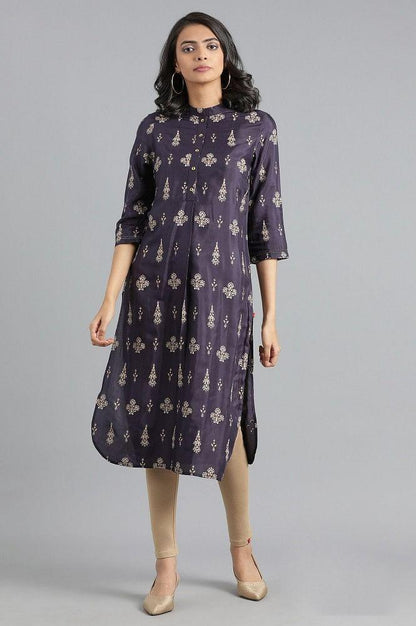 Blue Mandarin Neck Printed kurta - wforwoman