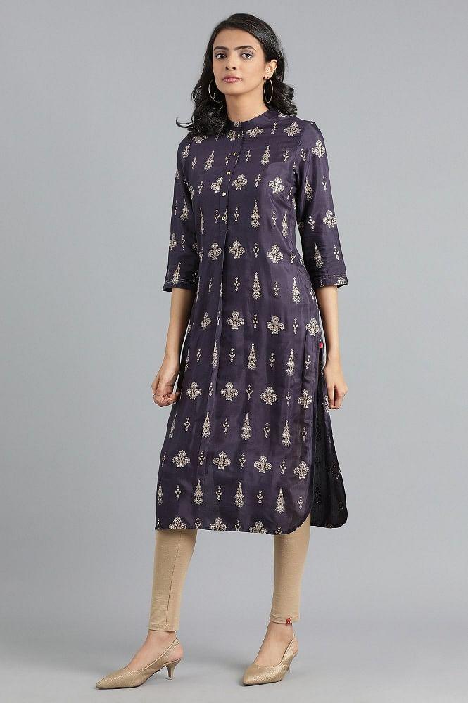 Blue Mandarin Neck Printed kurta - wforwoman