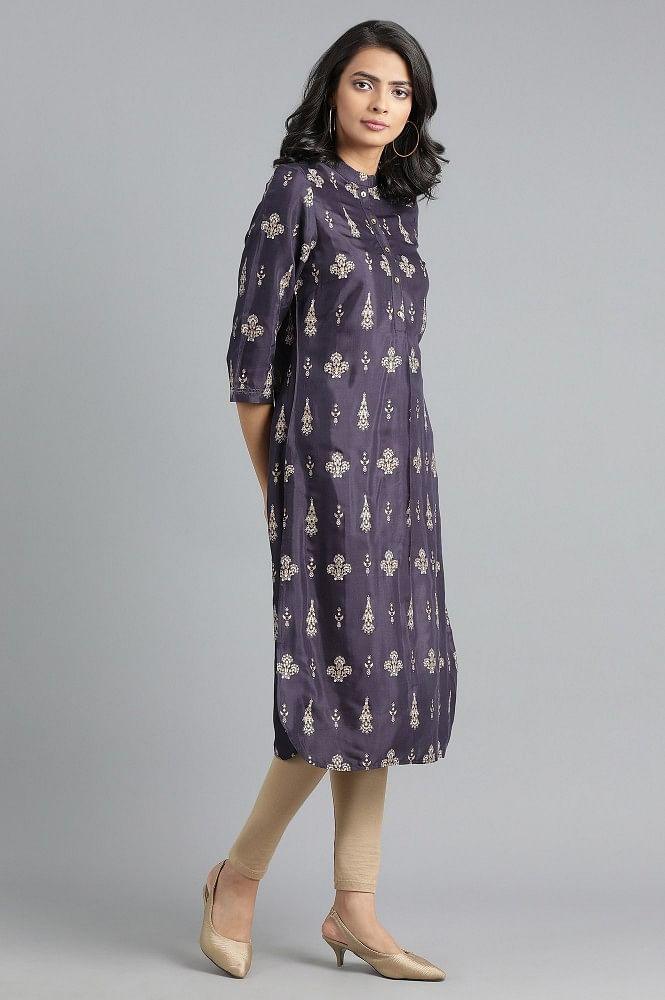 Blue Mandarin Neck Printed kurta - wforwoman