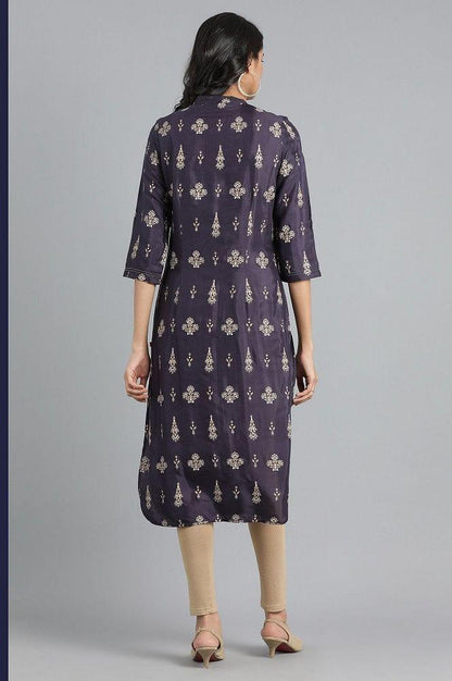 Blue Mandarin Neck Printed kurta - wforwoman