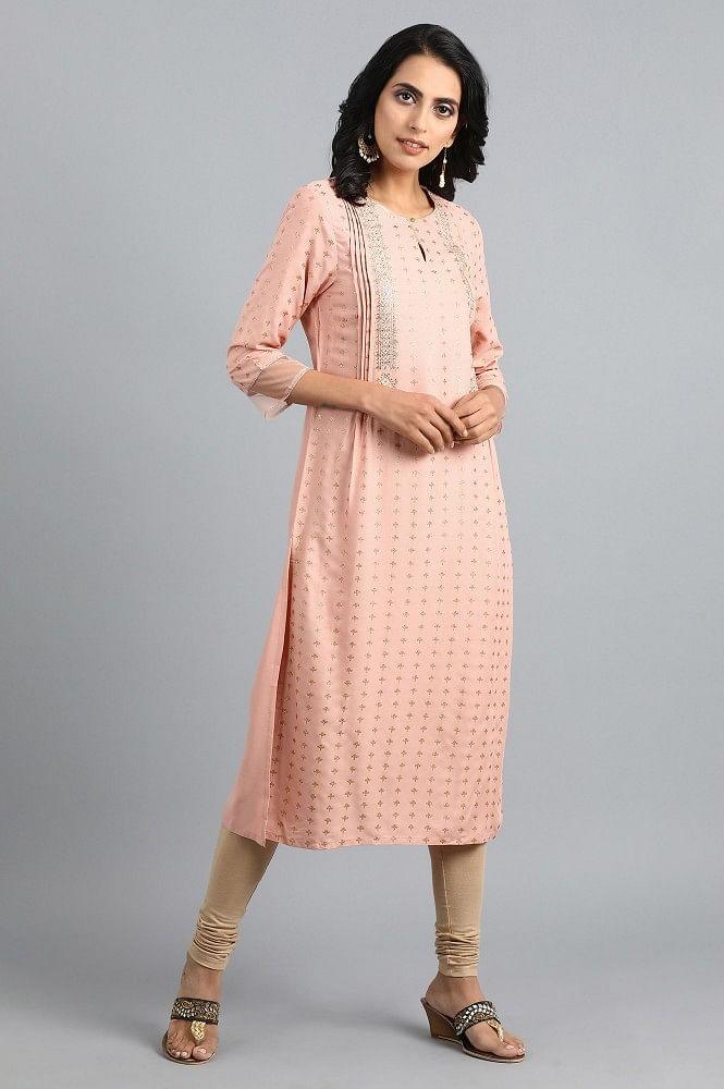 Pink Round Neck Printed kurta - wforwoman