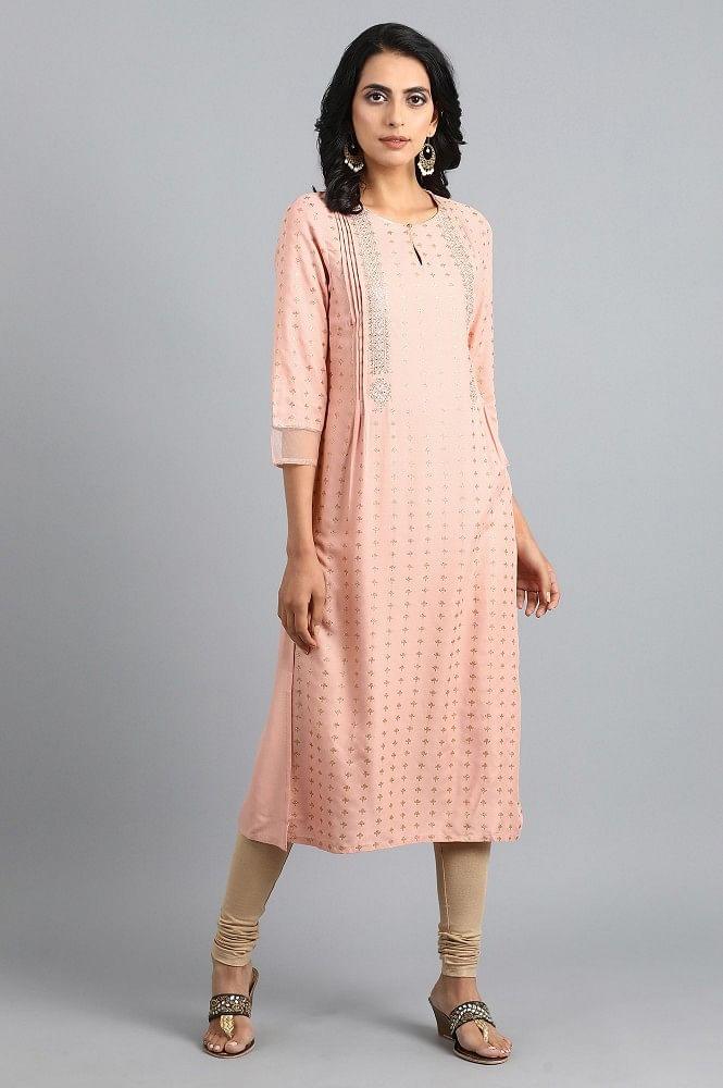 Pink Round Neck Printed kurta - wforwoman