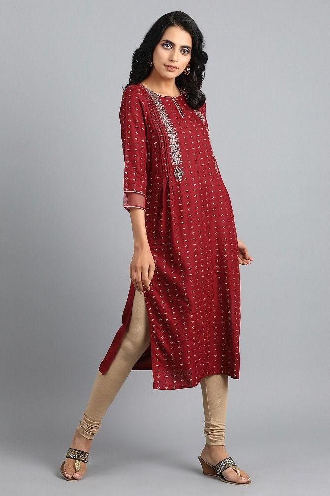 Red Round Neck Printed kurta - wforwoman