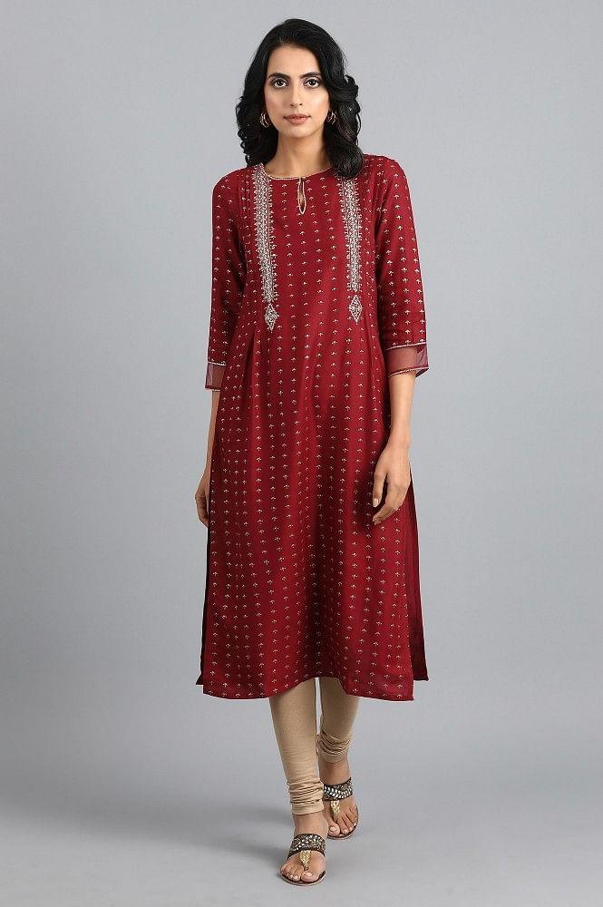 Red Round Neck Printed kurta - wforwoman