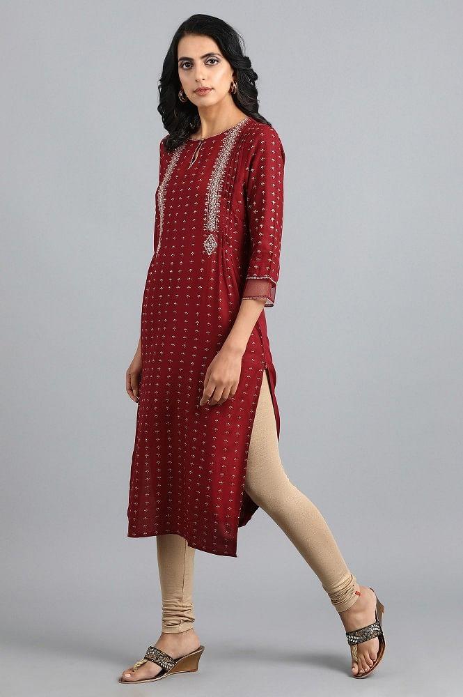 Red Round Neck Printed kurta - wforwoman