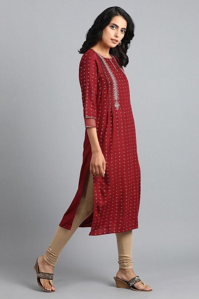 Red Round Neck Printed kurta - wforwoman