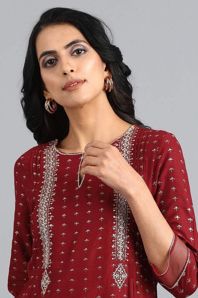 Red Round Neck Printed kurta - wforwoman