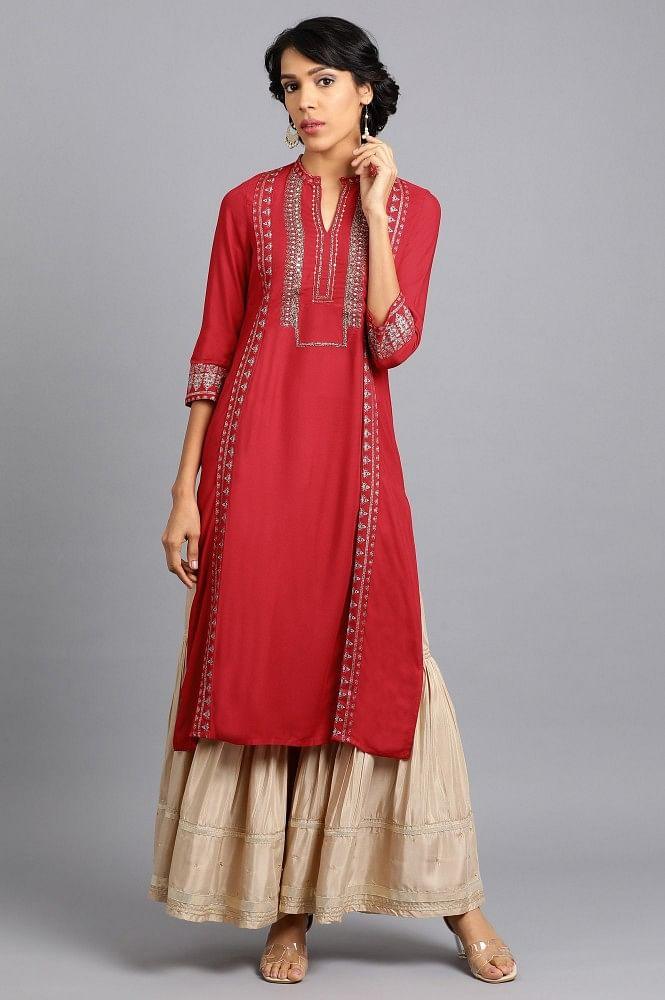 Red Mandarin Neck Printed kurta - wforwoman