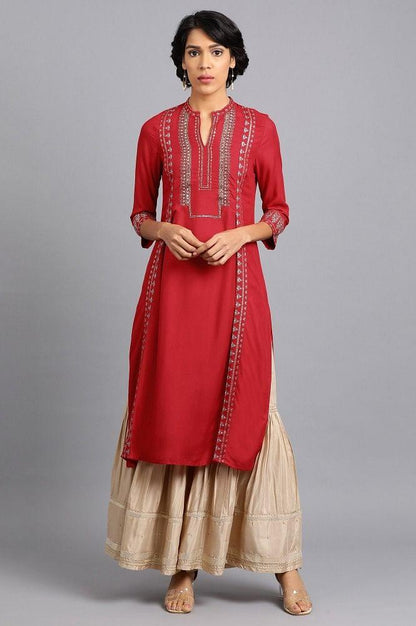 Red Mandarin Neck Printed kurta - wforwoman