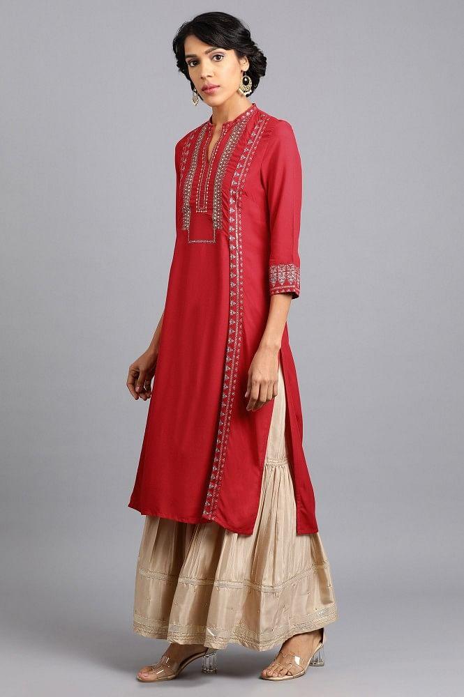 Red Mandarin Neck Printed kurta - wforwoman