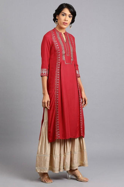 Red Mandarin Neck Printed kurta - wforwoman