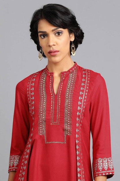 Red Mandarin Neck Printed kurta - wforwoman