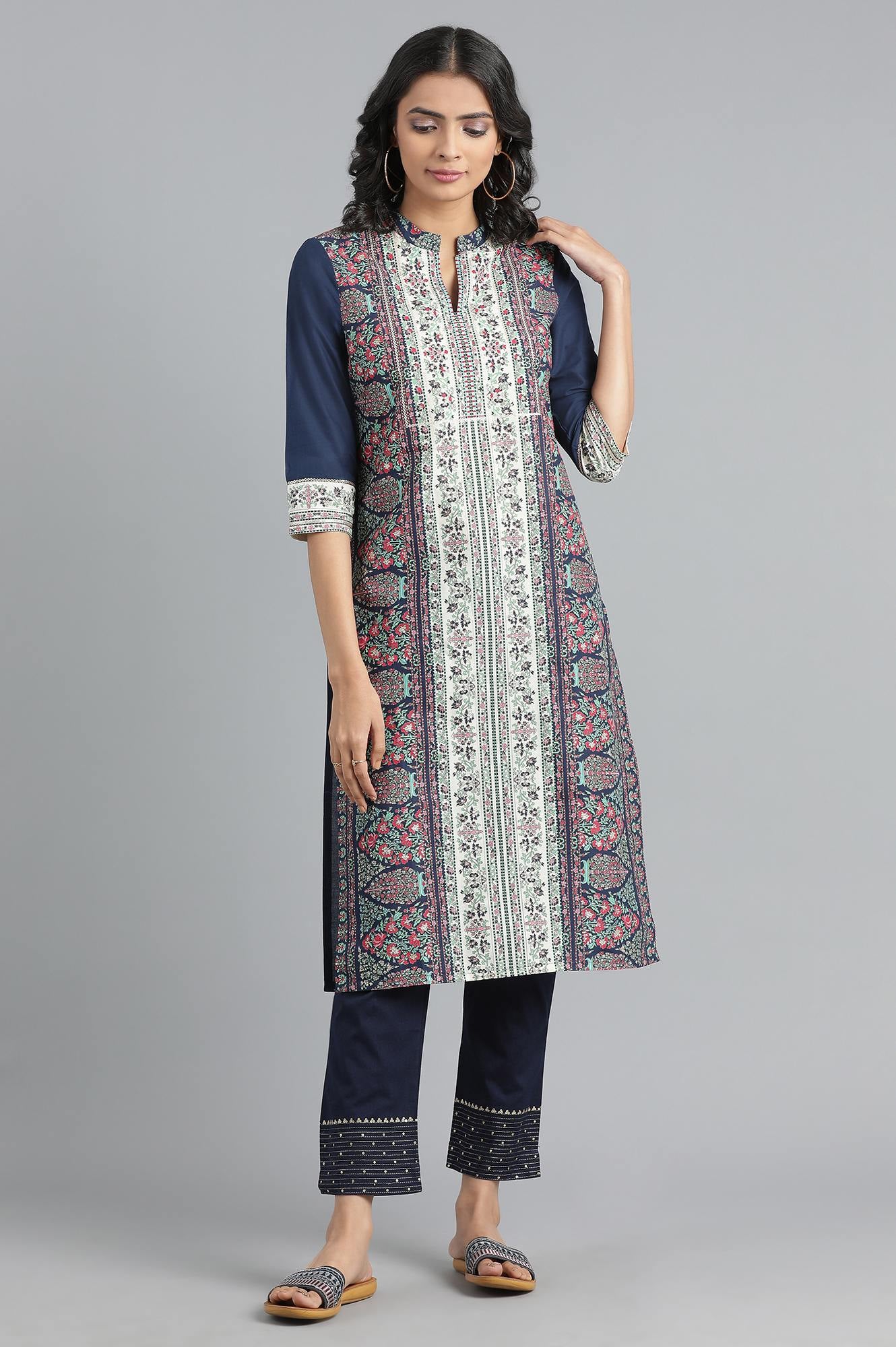 Blue Mandarin Neck Printed kurta