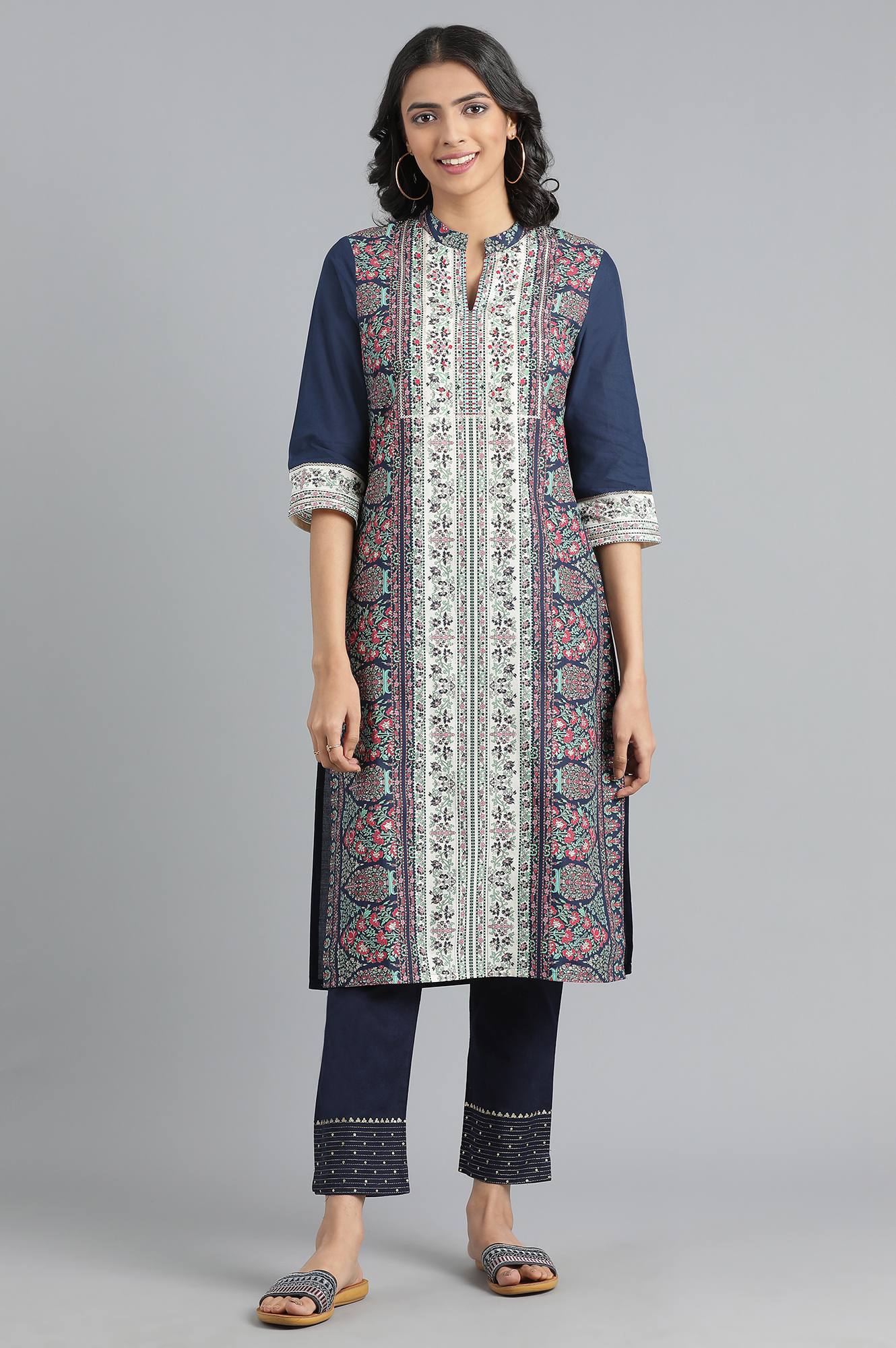 Blue Mandarin Neck Printed kurta