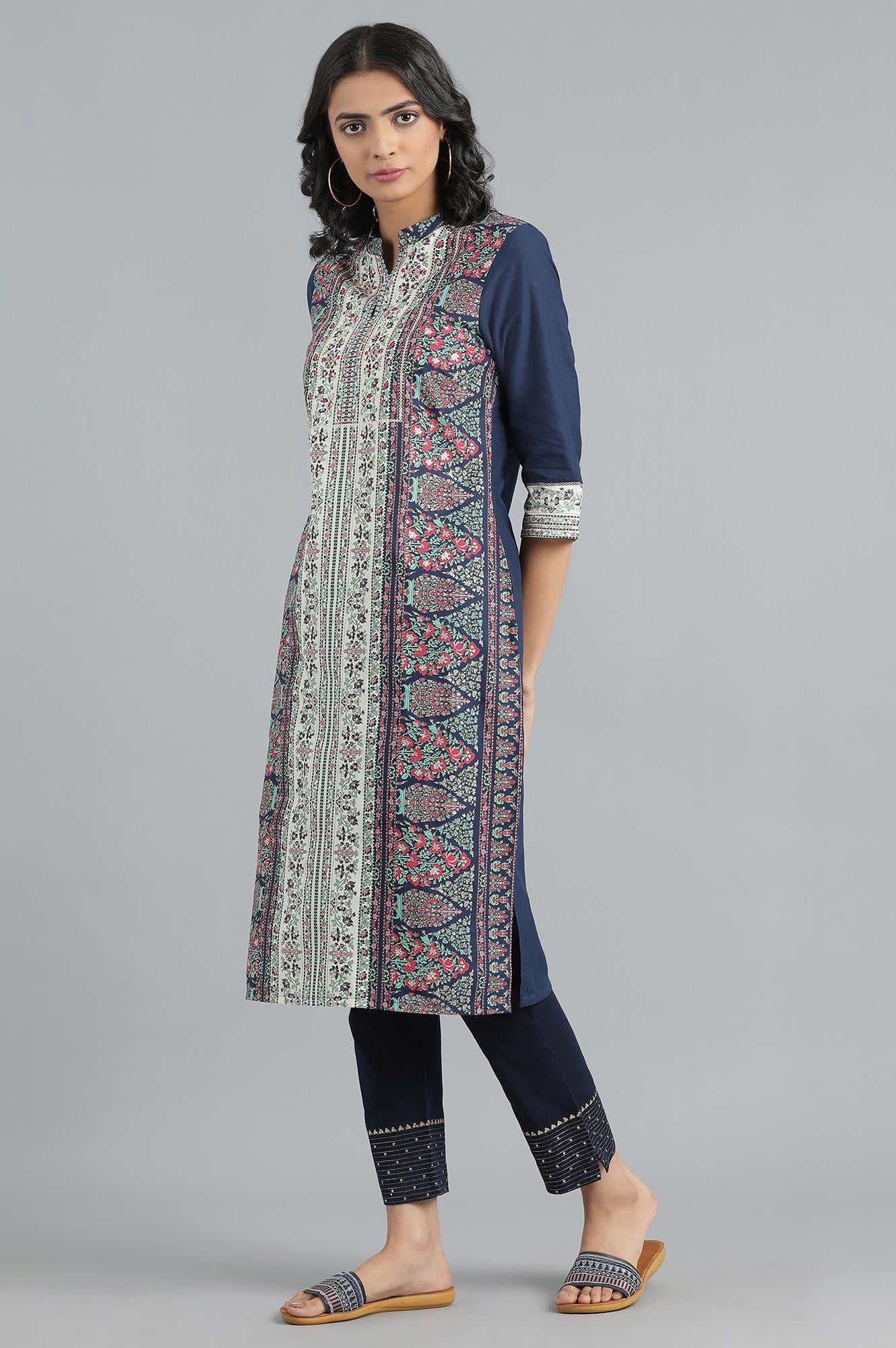 Blue Mandarin Neck Printed kurta