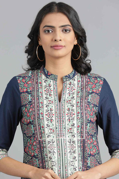 Blue Mandarin Neck Printed kurta