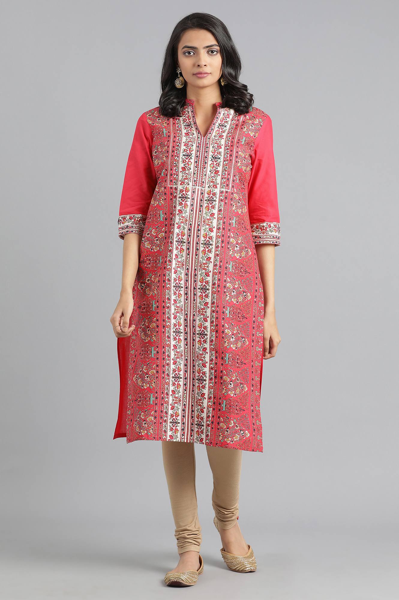 Pink Mandarin Neck Printed kurta