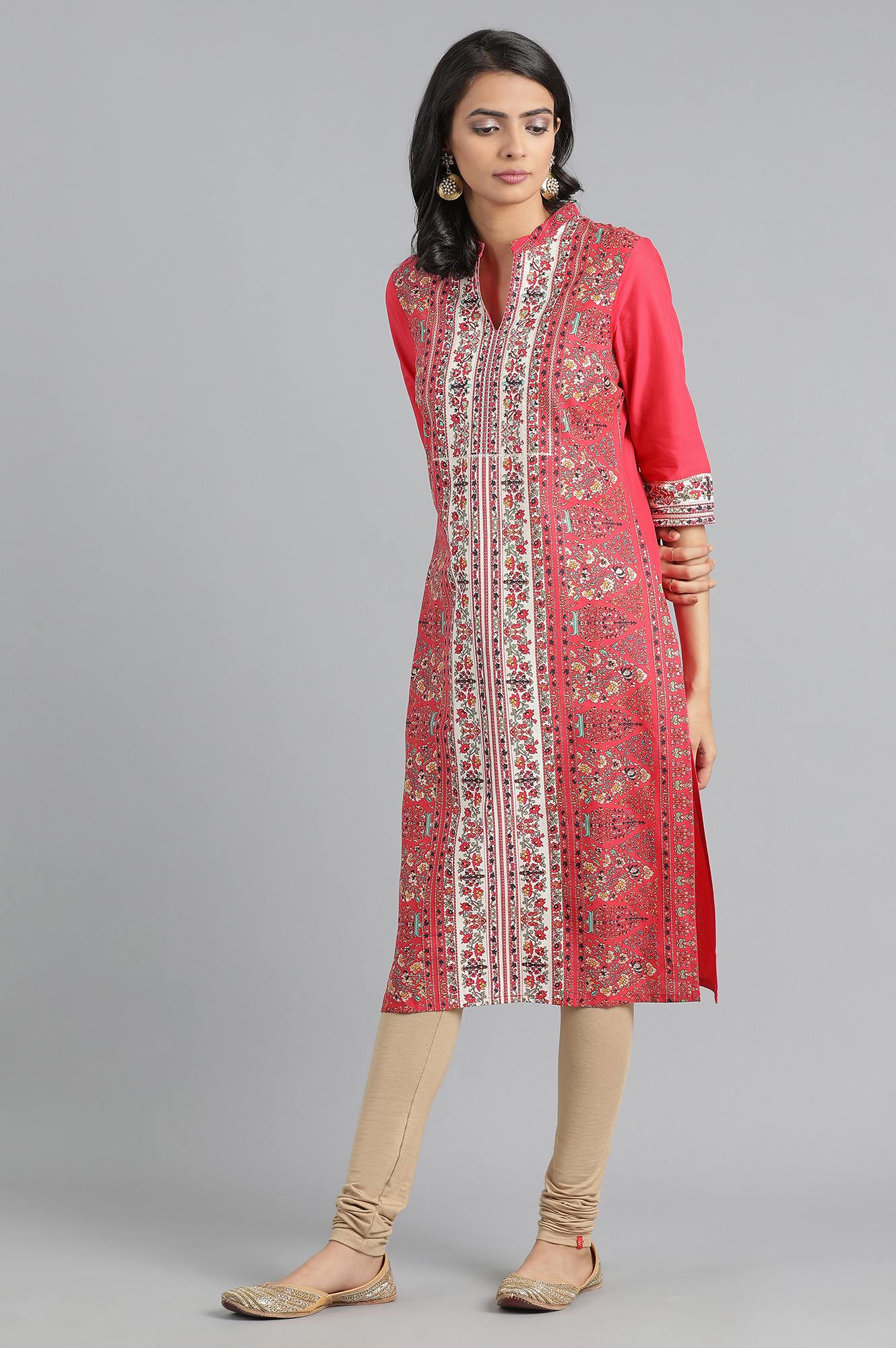 Pink Mandarin Neck Printed kurta