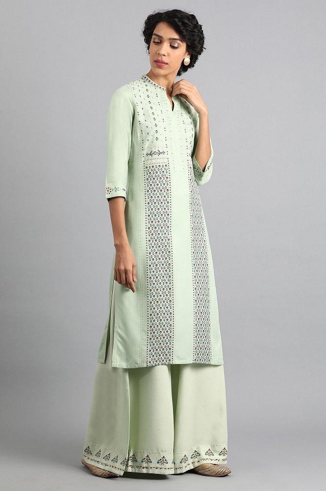 Green Mandarin Neck Embroidered kurta - wforwoman