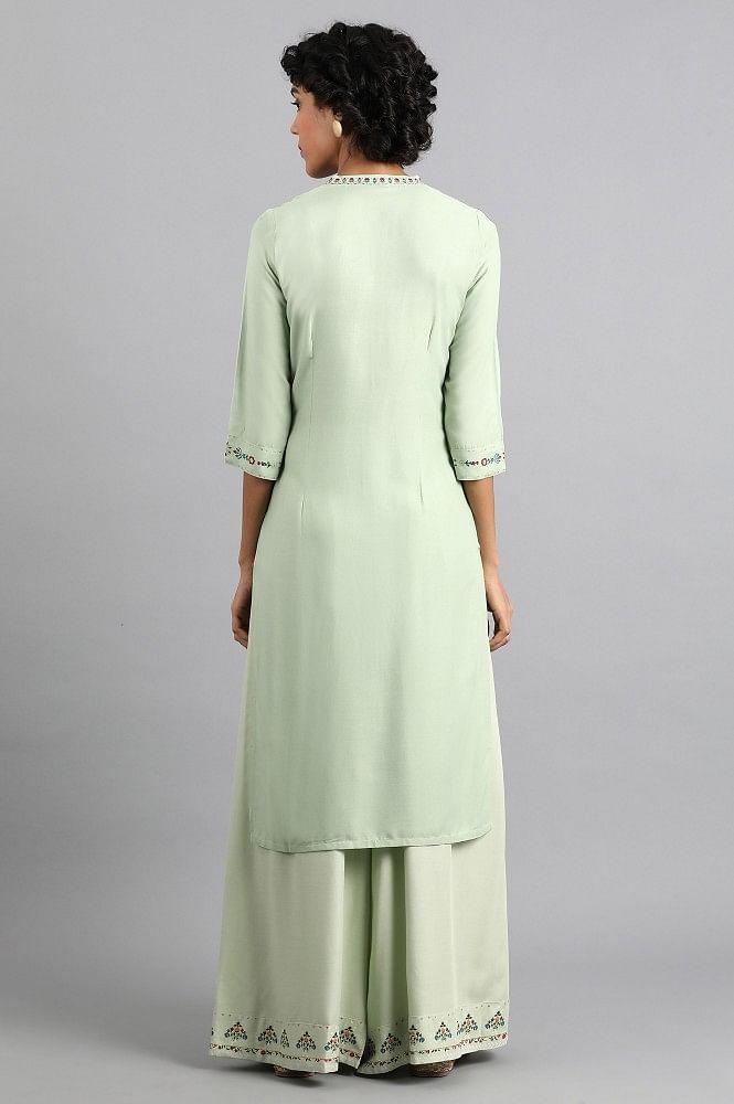 Green Mandarin Neck Embroidered kurta - wforwoman