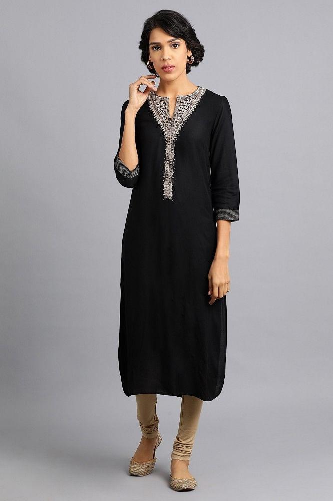 Black Round Neck Classic kurta - wforwoman