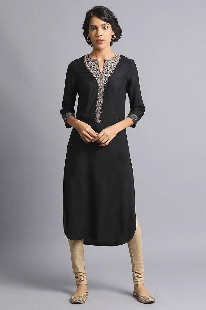 Black Round Neck Classic kurta - wforwoman