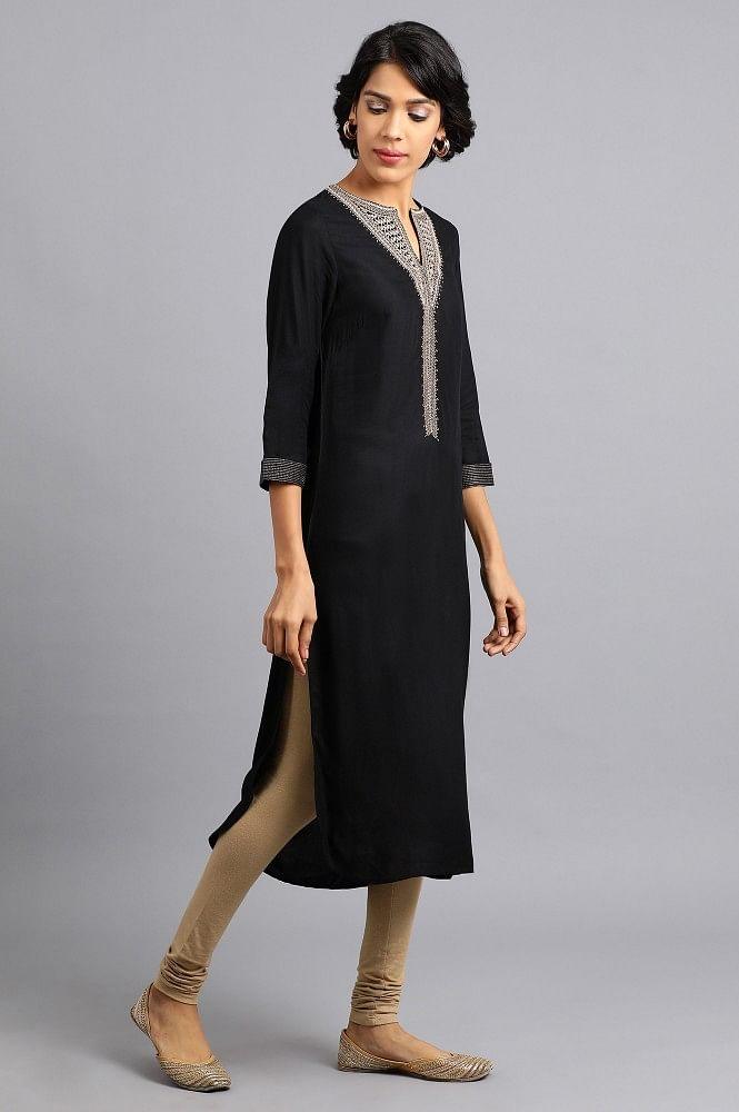 Black Round Neck Classic kurta - wforwoman