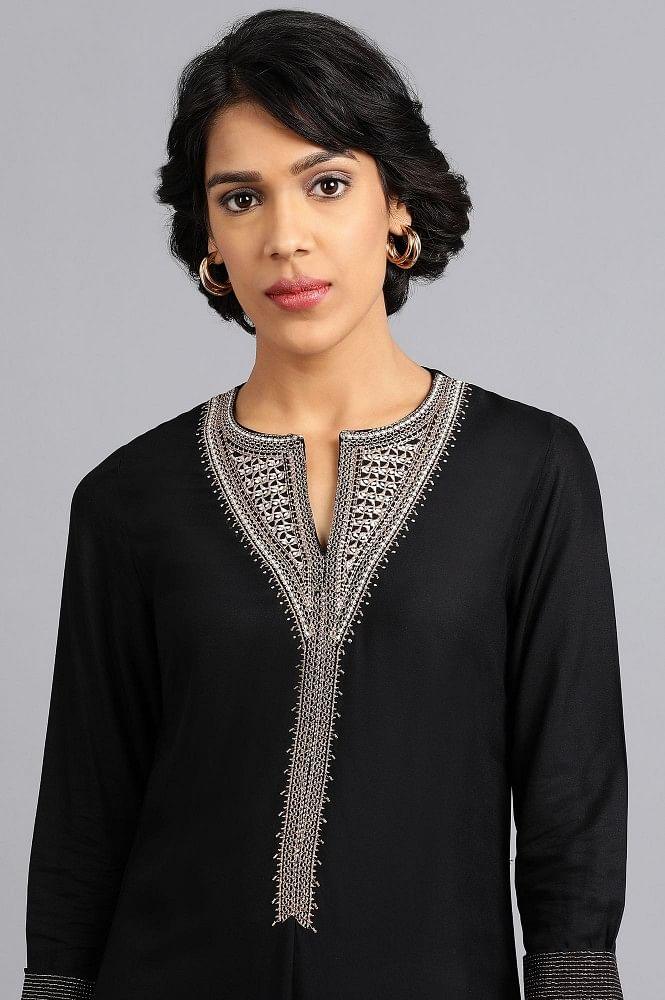 Black Round Neck Classic kurta - wforwoman