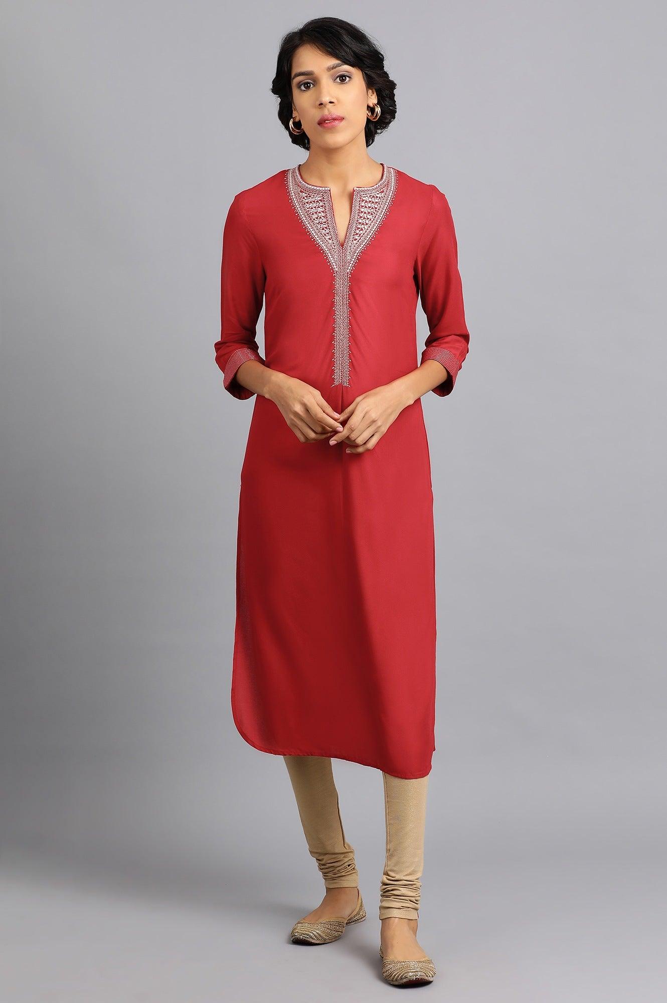 Red Round Neck Classic kurta - wforwoman