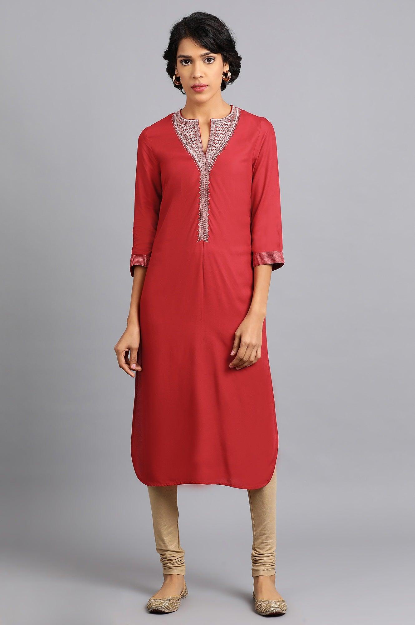 Red Round Neck Classic kurta - wforwoman