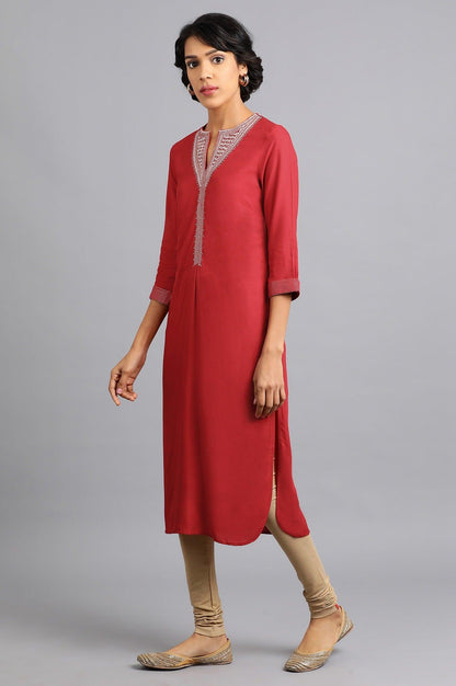 Red Round Neck Classic kurta - wforwoman