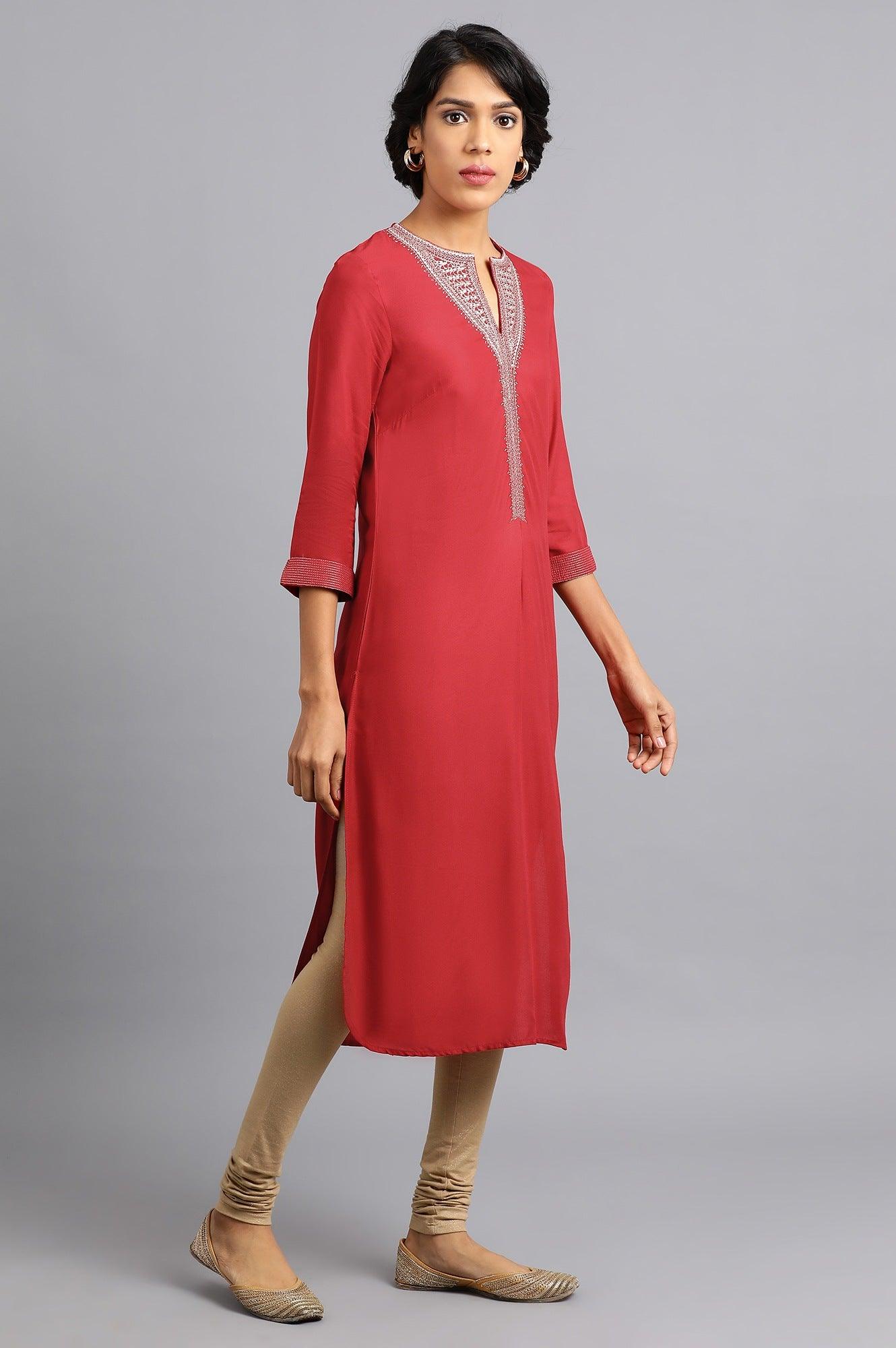 Red Round Neck Classic kurta - wforwoman