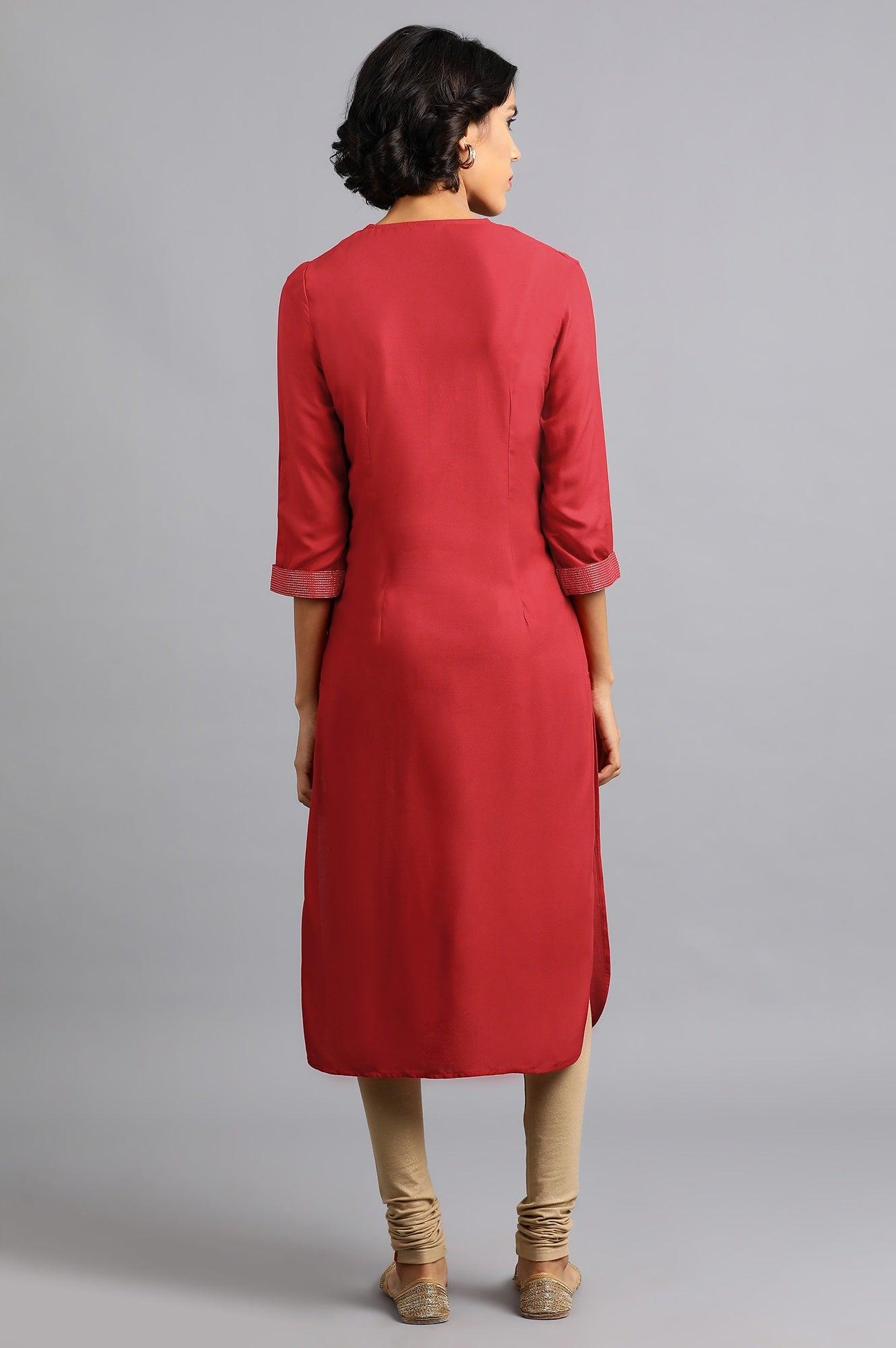 Red Round Neck Classic kurta - wforwoman