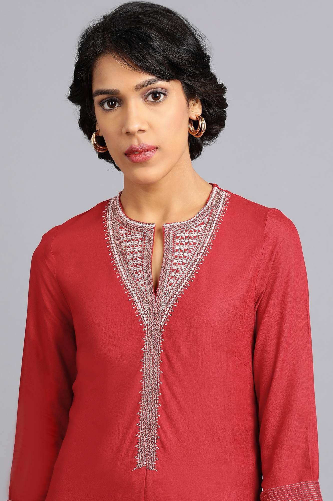 Red Round Neck Classic kurta - wforwoman