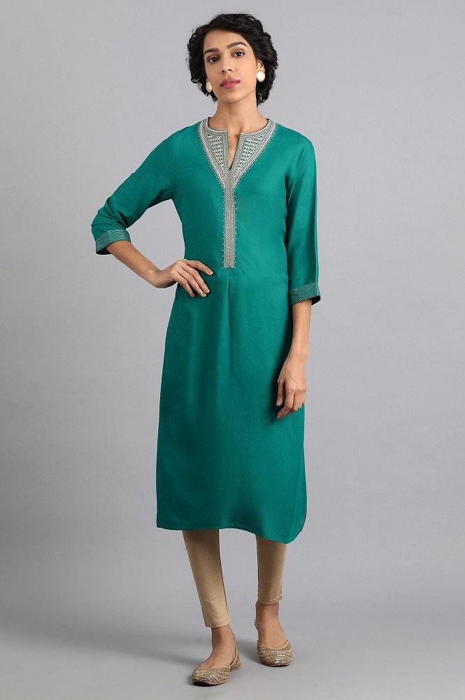 Green Round Neck Embroidered kurta - wforwoman