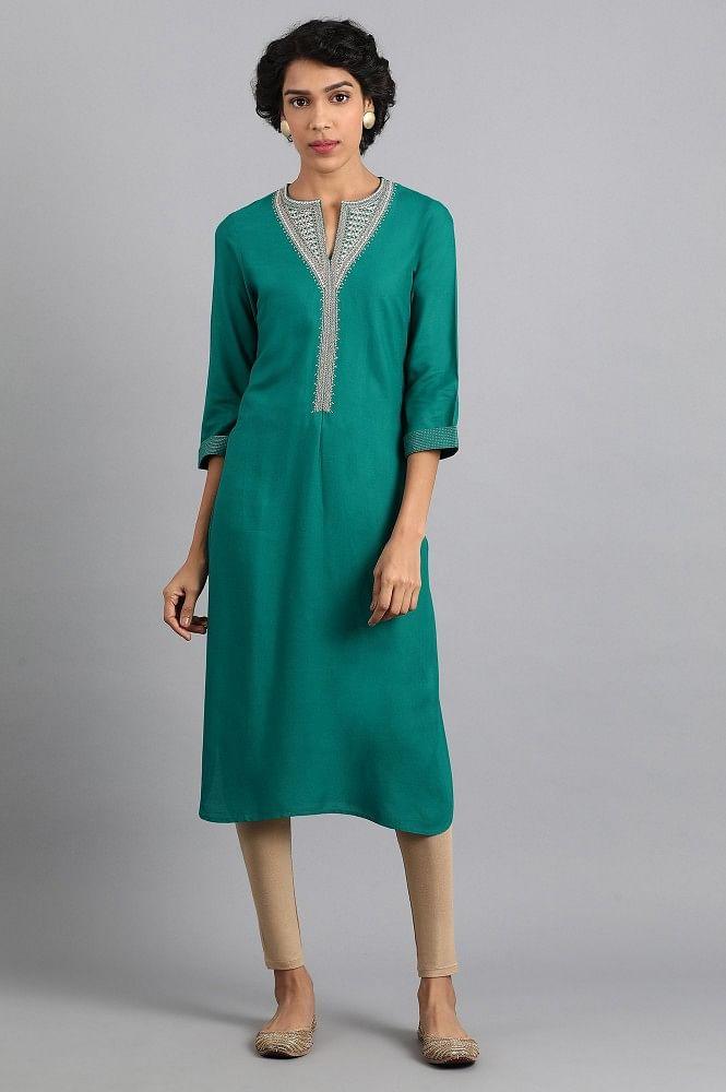 Green Round Neck Embroidered kurta - wforwoman