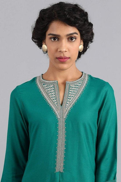 Green Round Neck Embroidered kurta - wforwoman