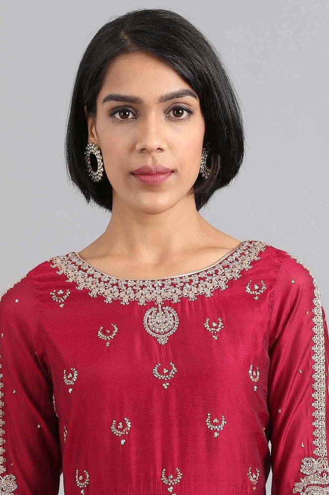 Maroon Round Neck Embellished Dress - wforwoman