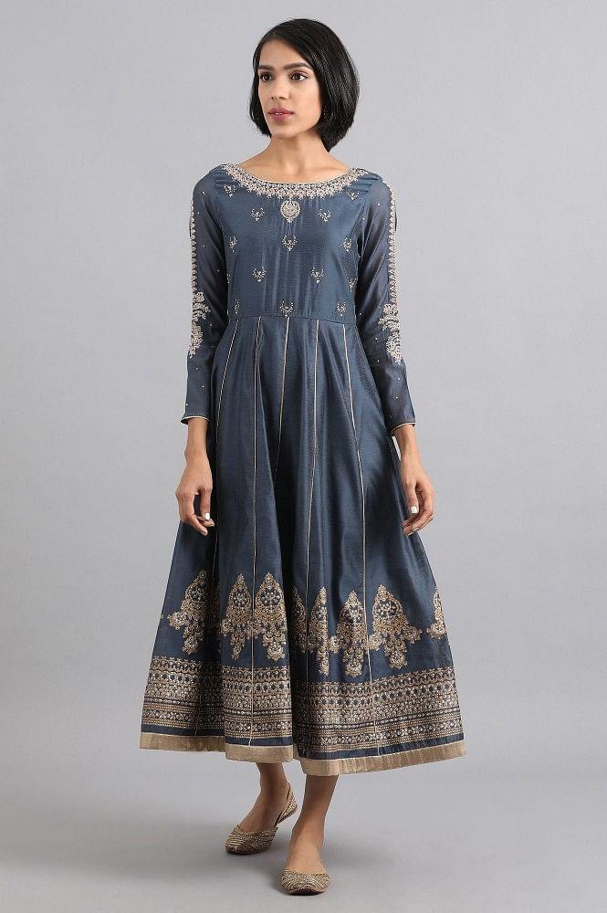 Blue Round Neck Embellished Dress - wforwoman