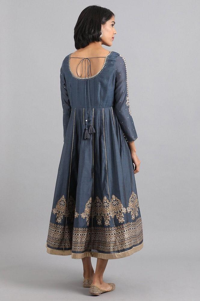 Blue Round Neck Embellished Dress - wforwoman