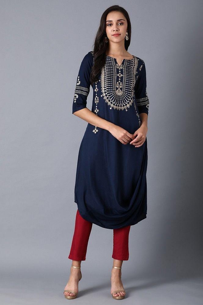 Blue Round Neck Printed kurta - wforwoman