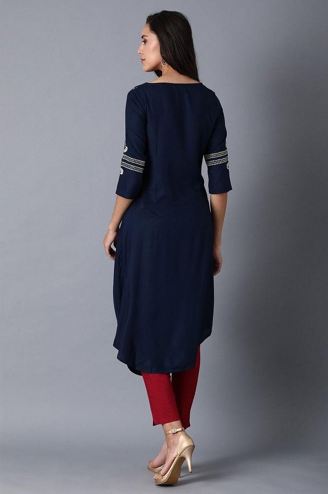 Blue Round Neck Printed kurta - wforwoman