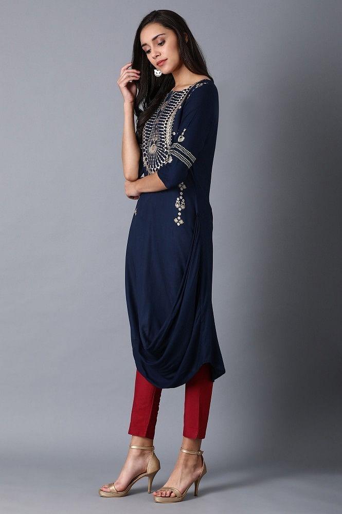 Blue Round Neck Printed kurta - wforwoman