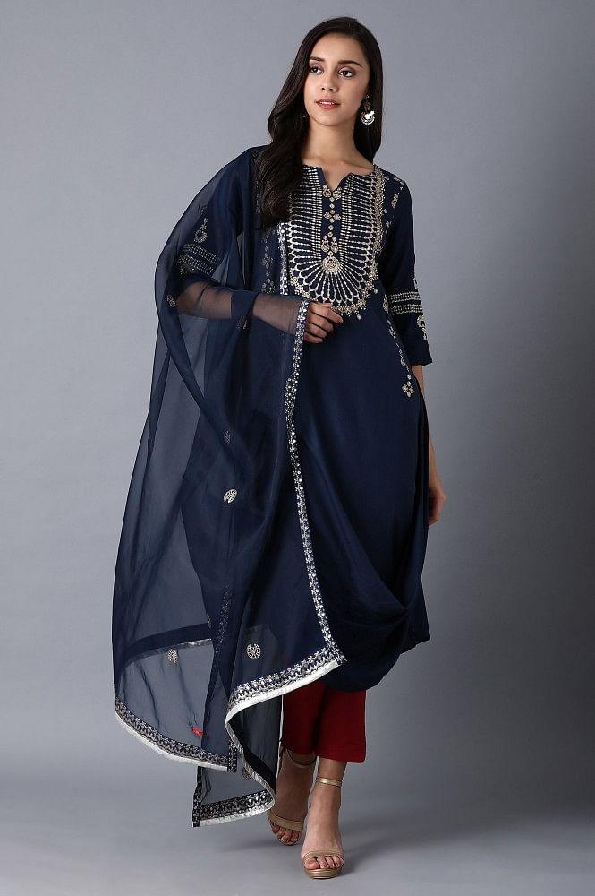 Blue Round Neck Printed kurta - wforwoman