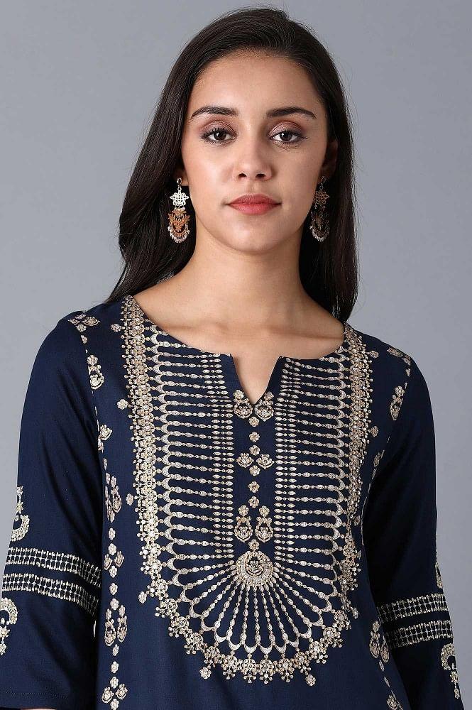 Blue Round Neck Printed kurta - wforwoman