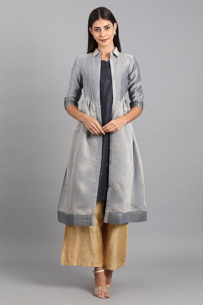 Blue Shirt Collar Denim kurta - wforwoman