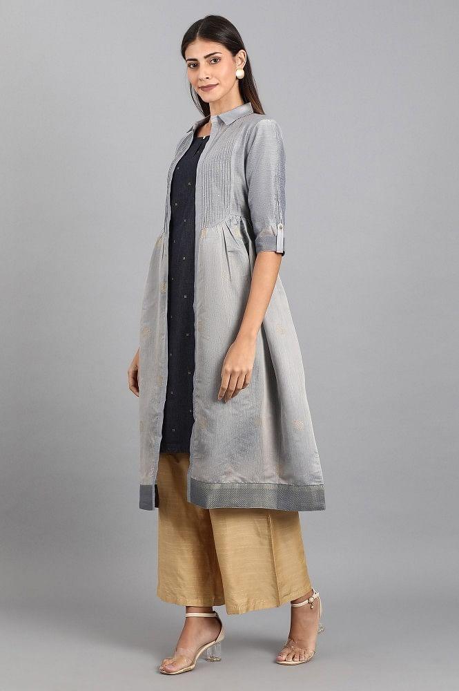 Blue Shirt Collar Denim kurta - wforwoman