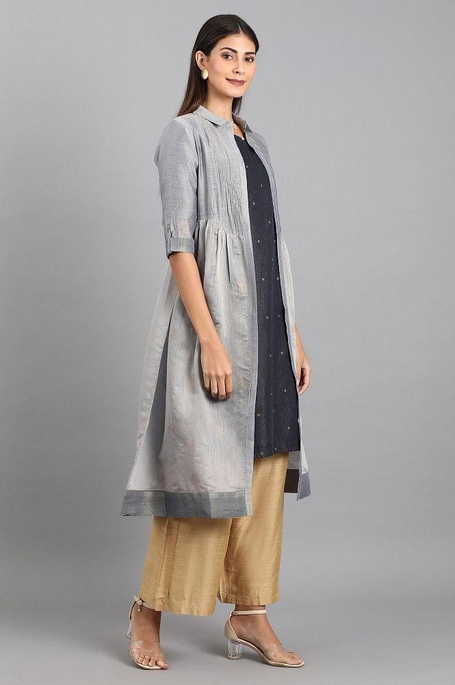 Blue Shirt Collar Denim kurta - wforwoman