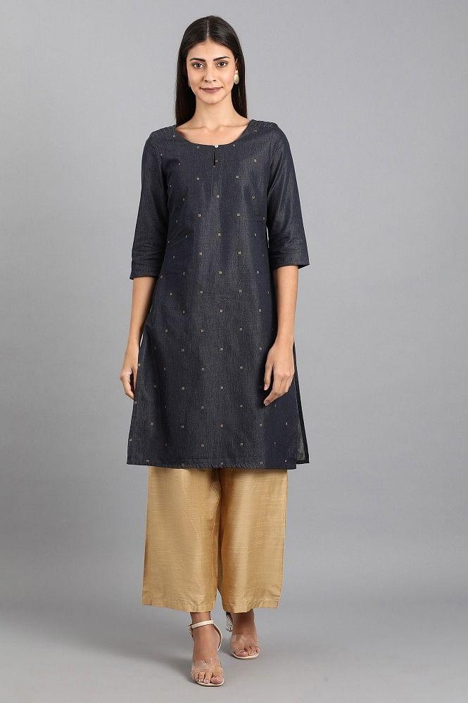 Blue Shirt Collar Denim kurta - wforwoman